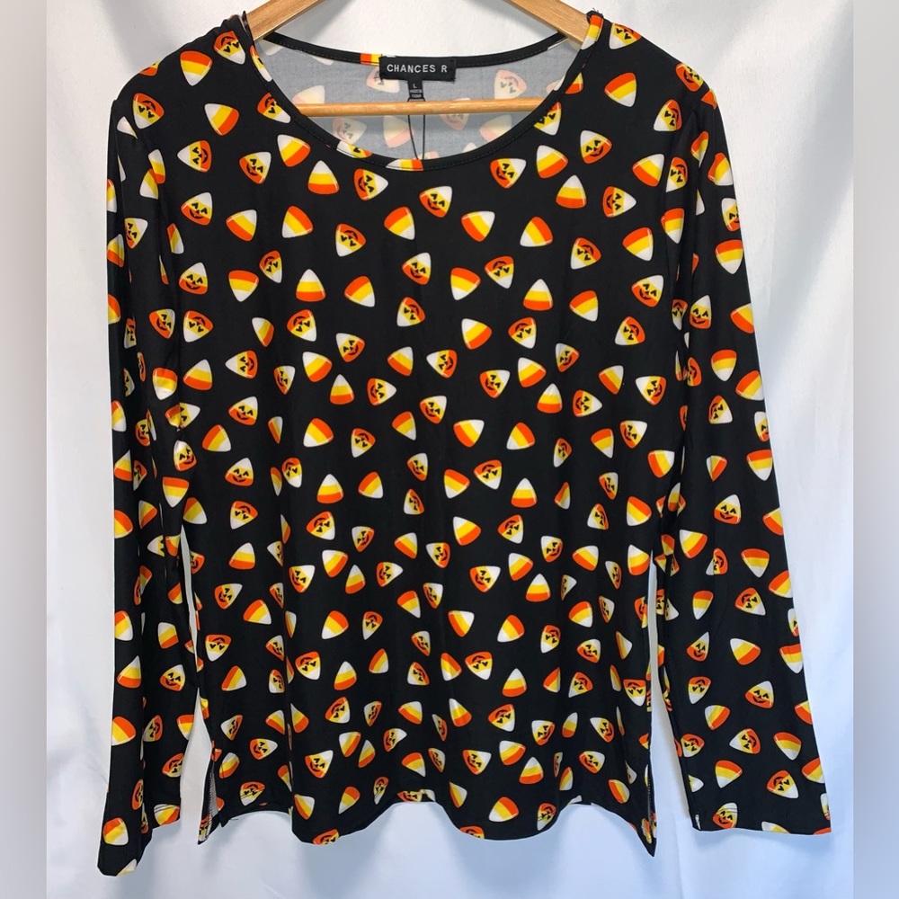 NWT Chances R Halloween Candy Corn All Over Print  Long Sleeve Shirt